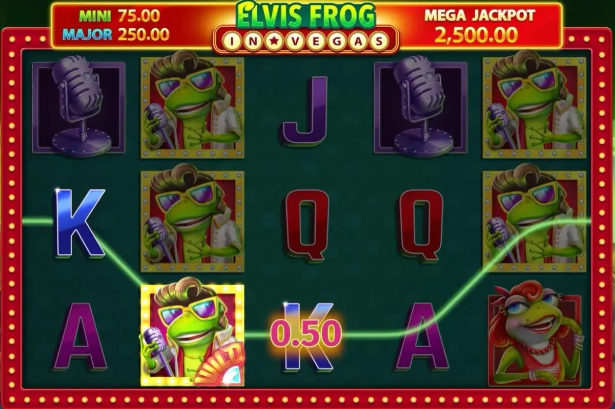 Elvis Frog in Vegas Elvis Frog slot game showing winning symbols and payline